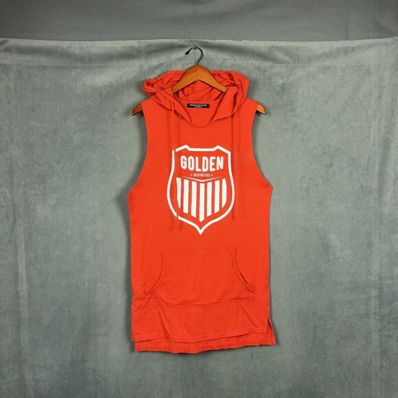 Golden Aesthetics Top Mens Medium Red Hooded Sleeveless "UNDERRATED" - Picture 1 of 14